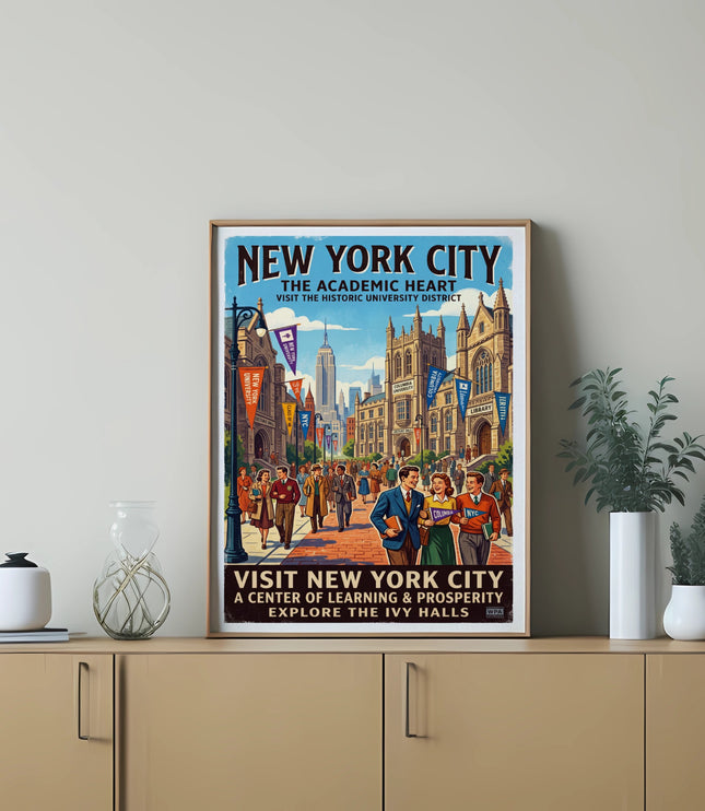 New York City academic heart poster with university buildings, students, and Empire State Building.