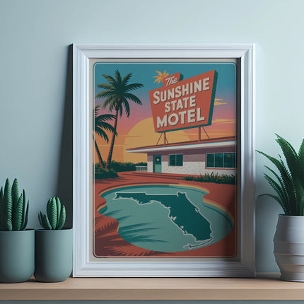 Retro motel sign with palm trees and pool shaped like Florida.