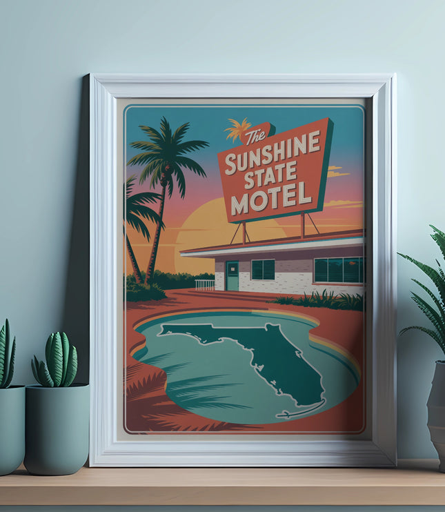 Retro motel sign with palm trees and pool shaped like Florida.