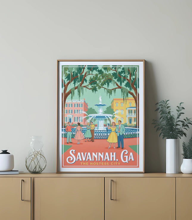 Vintage poster of Savannah, GA square with fountain and people.