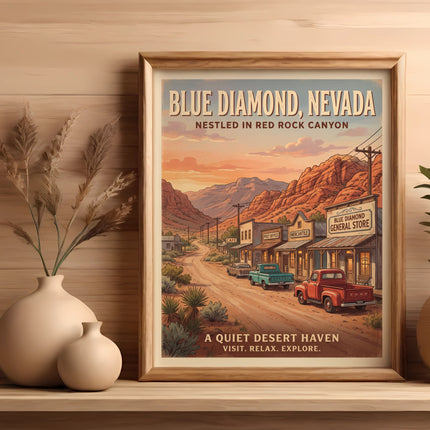 Vintage art of Blue Diamond, Nevada with general store and desert landscape.