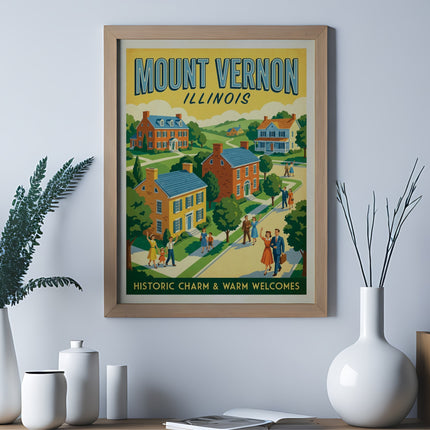 "Mount Vernon, Illinois" vintage travel poster with houses, people, and trees.