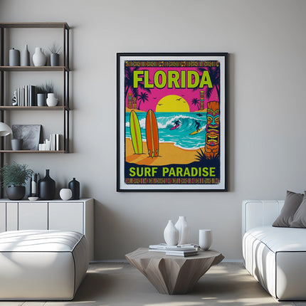 Poster for Florida surf paradise with surfers, palm trees, and tiki mask.