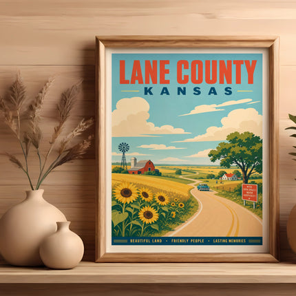 Retro poster of Lane County, Kansas, featuring sunflowers, a farm, and road signs.