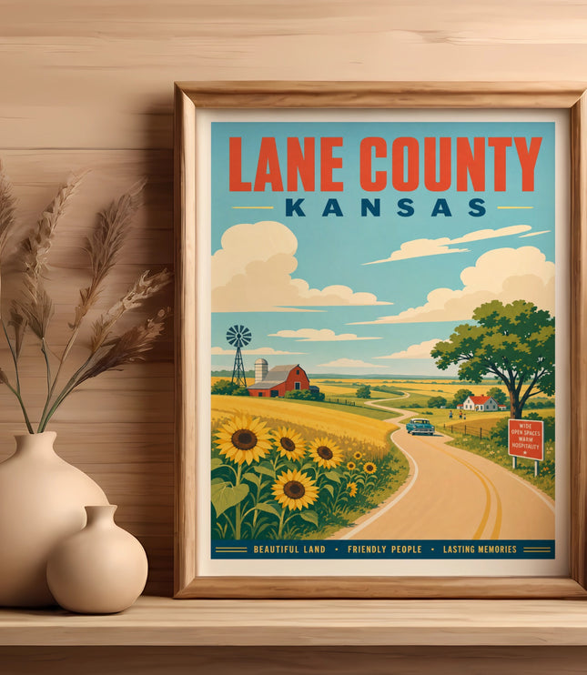 Retro poster of Lane County, Kansas, featuring sunflowers, a farm, and road signs.