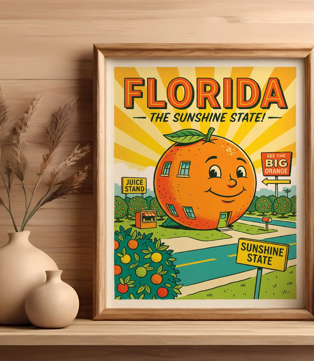 Framed "Florida — The Sunshine State!" poster with cartoon orange building and citrus trees.