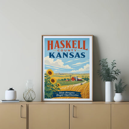 Haskell County Kansas poster with sunflowers, farm, and wheat fields.