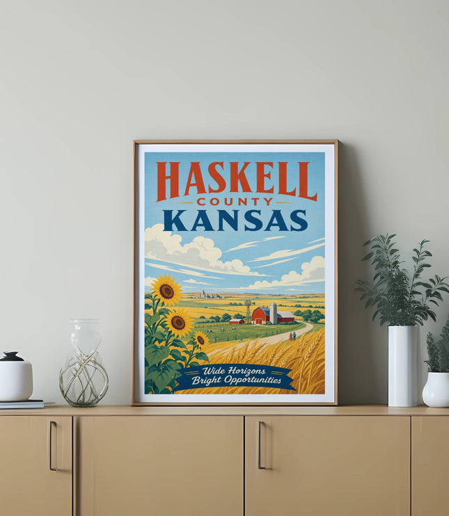 Haskell County Kansas poster with sunflowers, farm, and wheat fields.