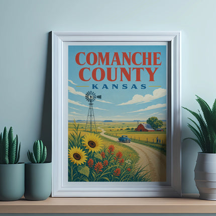 Framed "Comanche County Kansas" poster featuring a windmill, sunflowers, and a rural landscape.