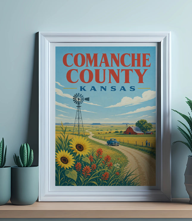 Framed "Comanche County Kansas" poster featuring a windmill, sunflowers, and a rural landscape.