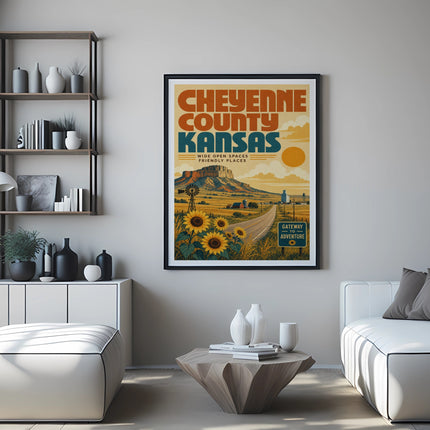 Cheyenne County Kansas wide open spaces poster with sunflowers and landscape.
