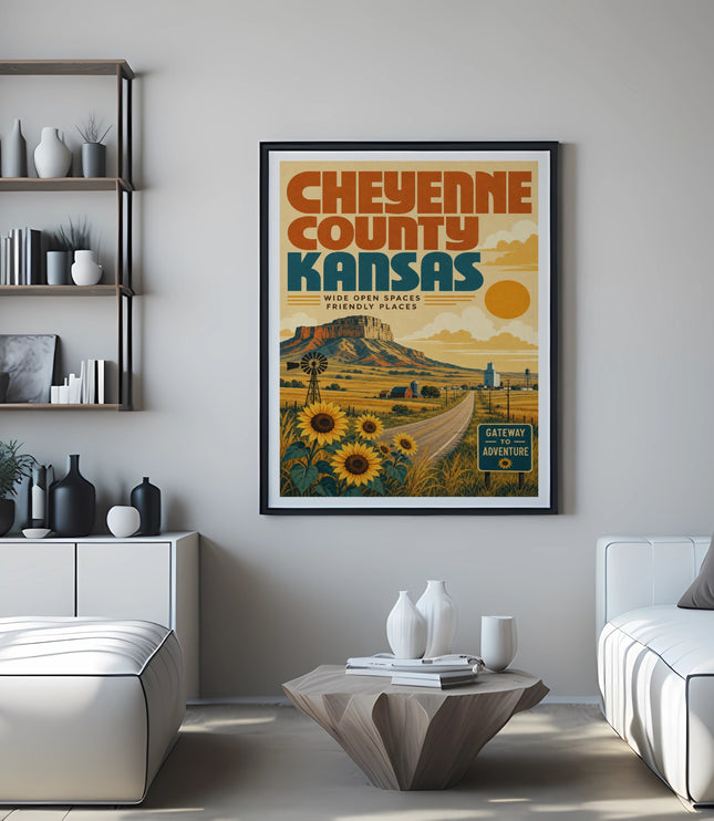 Cheyenne County Kansas wide open spaces poster with sunflowers and landscape.