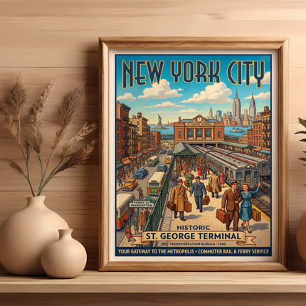 New York City vintage poster of St. George Terminal with trains and ferry.