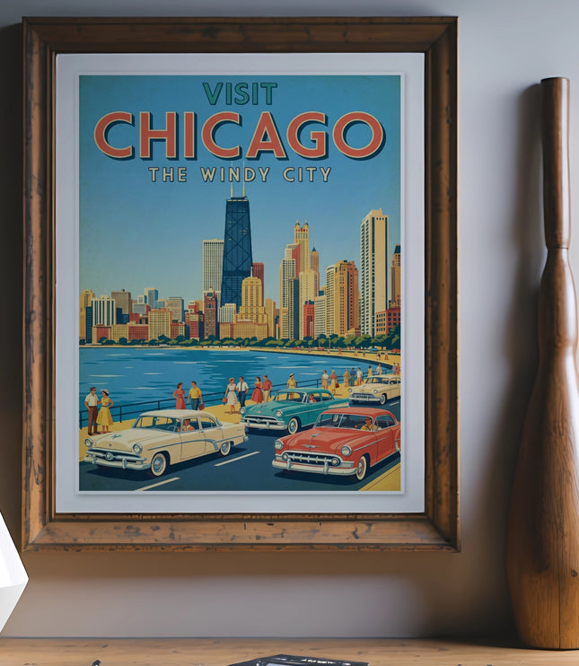 Vintage "Visit Chicago The Windy City" poster with skyline and cars.