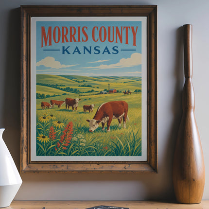Morris County Kansas poster showing a rural landscape with cows and wildflowers.