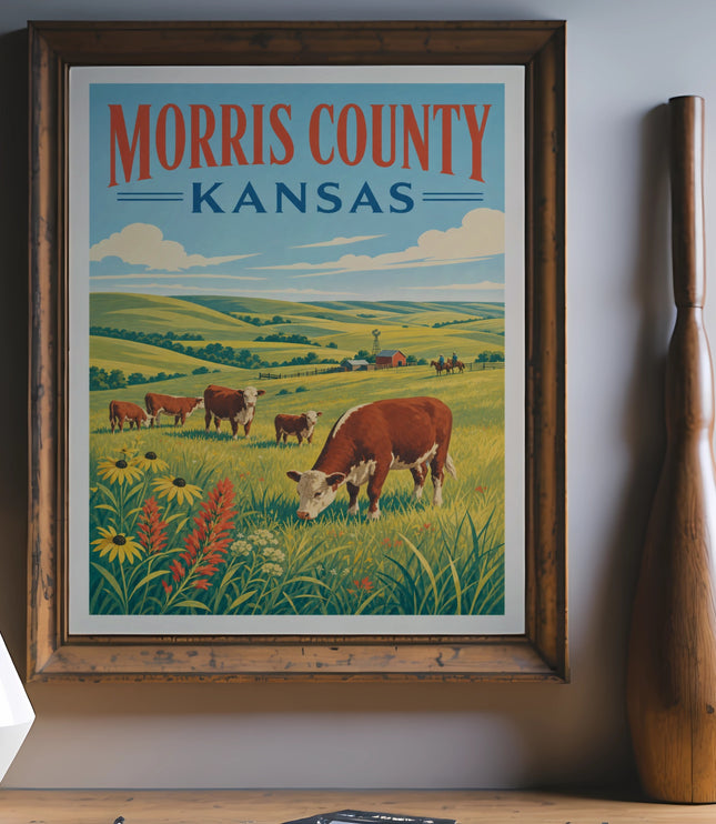 Morris County Kansas poster showing a rural landscape with cows and wildflowers.