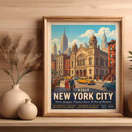 Vintage travel poster advertising New York City, featuring a synagogue and city skyline.