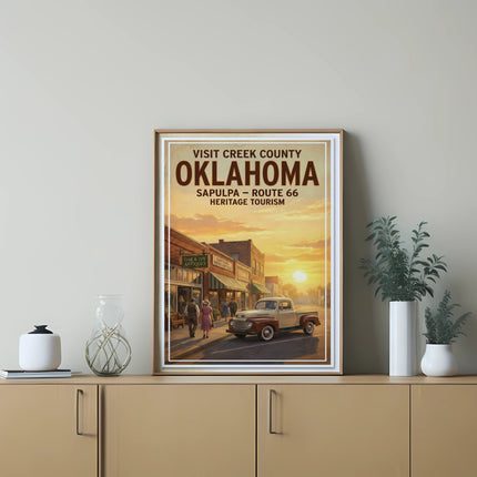 Poster with "Visit Creek County Oklahoma Sapulpa Route 66" and vintage truck.