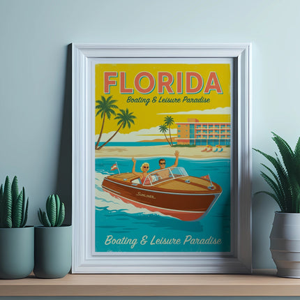 Retro Florida boating and leisure paradise poster with palm trees and a hotel.