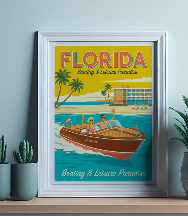 Retro Florida boating and leisure paradise poster with palm trees and a hotel.