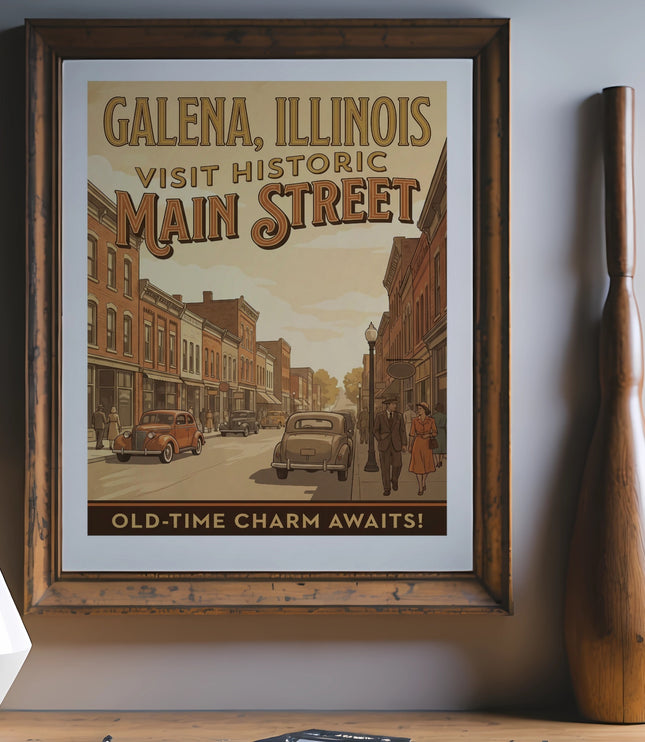 Vintage poster of Galena, Illinois Main Street with classic cars and people.