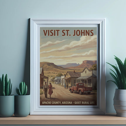 Vintage poster of St. Johns, Arizona, featuring a street scene with people and a truck.