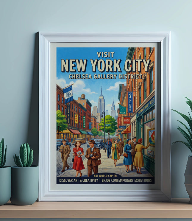 Vintage poster for New York City Chelsea Gallery District with people and buildings.