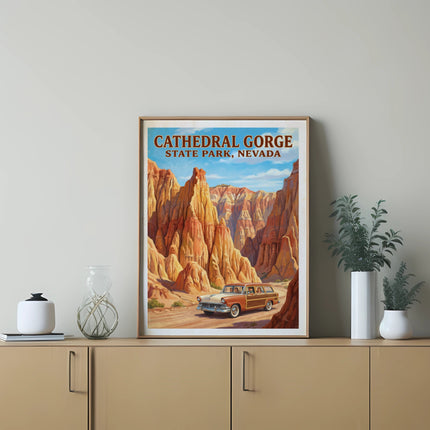 Cathedral Gorge State Park, Nevada vintage poster with classic car driving through canyon.