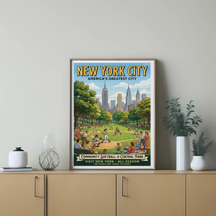 New York City Community Softball in Central Park poster with park skyline.