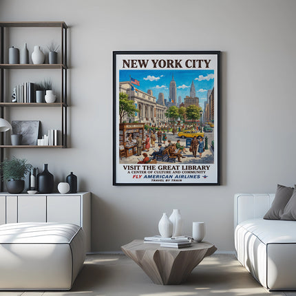 New York City vintage travel poster with library and American Airlines.