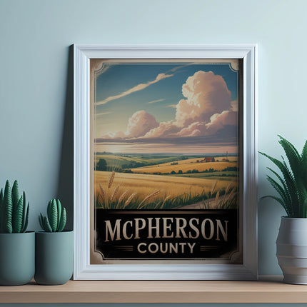 McPherson County landscape framed art with potted plants on shelf.