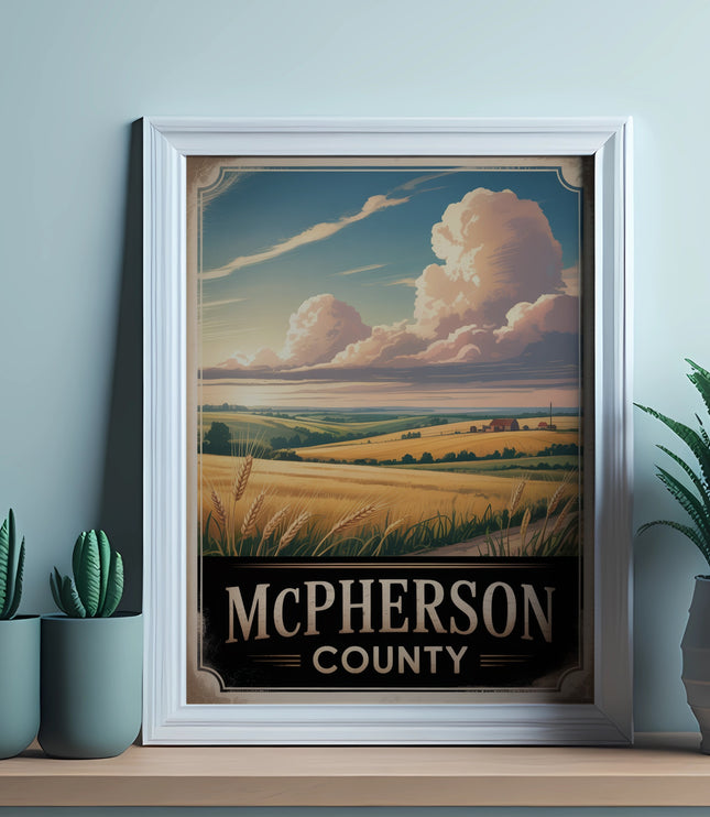 McPherson County landscape framed art with potted plants on shelf.
