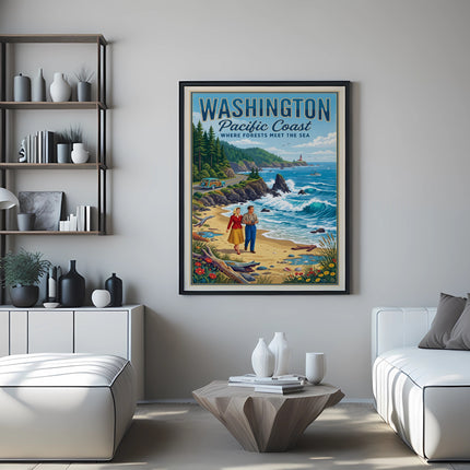 Vintage travel poster of Washington's Pacific Coast with a couple on the beach.
