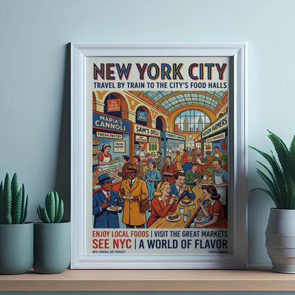 New York City food hall poster with people enjoying food and stalls.