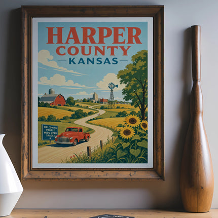 Harper County Kansas travel poster with farm, sunflowers, and red truck.