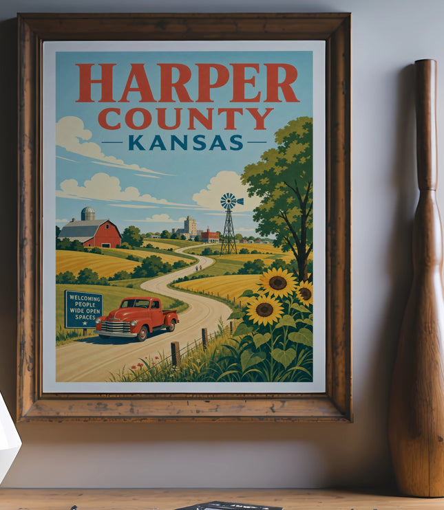 Harper County Kansas travel poster with farm, sunflowers, and red truck.