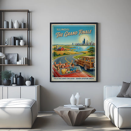 Vintage poster for "Illinois: The Grand Finale" with a classic car and cityscape.
