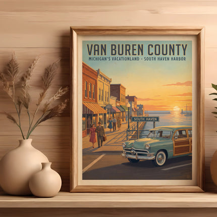 "Van Buren County" poster with a vintage car, harbor, and sunset over South Haven, Michigan.