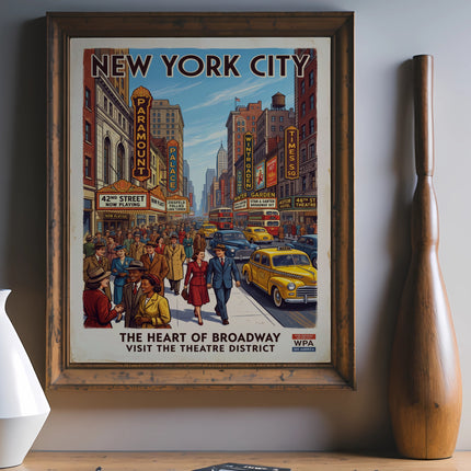 New York City Broadway Theatre District WPA poster with vintage cars and crowds.