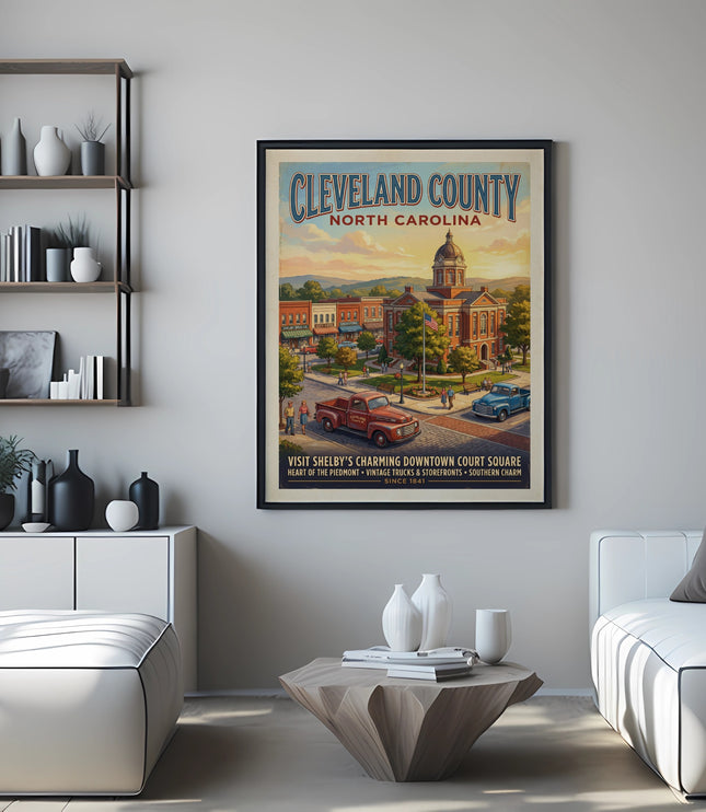 Cleveland County, North Carolina vintage travel poster showing Shelby's downtown court square.
