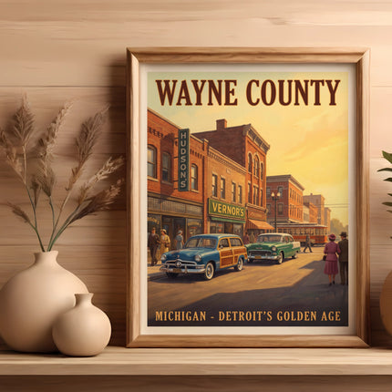 Vintage Wayne County Michigan Detroit Golden Age poster with cars and trolley.