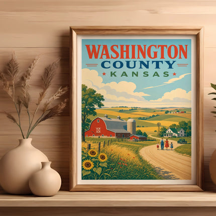 Washington County Kansas poster with red barn, sunflowers, and family walking on a road.