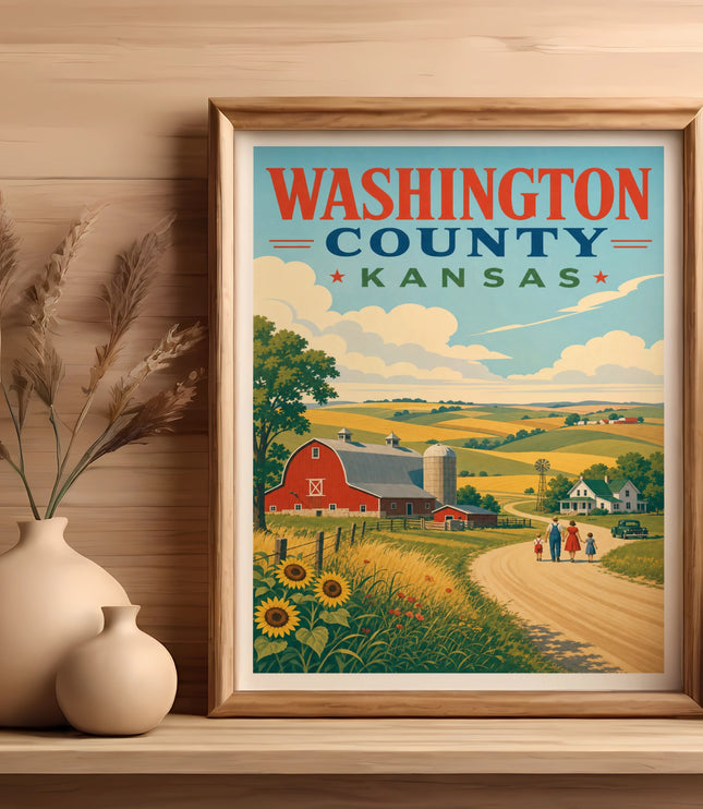 Washington County Kansas poster with red barn, sunflowers, and family walking on a road.