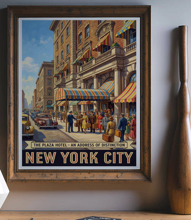 Vintage poster for The Plaza Hotel in New York City, featuring a street scene with people and cars.