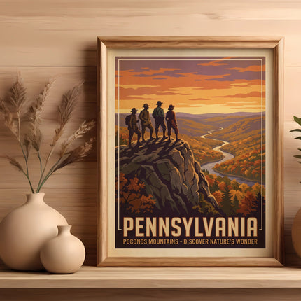 Framed Pennsylvania Pocono Mountains art with four figures overlooking a valley.