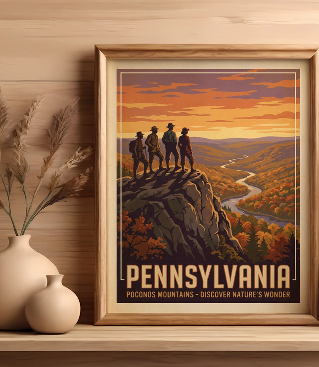 Framed Pennsylvania Pocono Mountains art with four figures overlooking a valley.