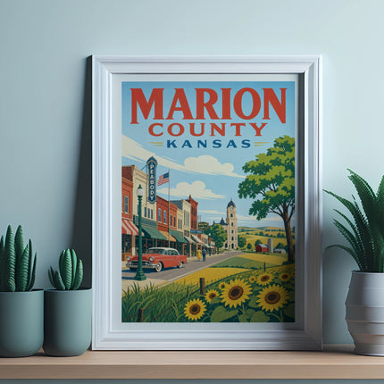 Marion County Kansas postcard with vintage car and sunflowers.