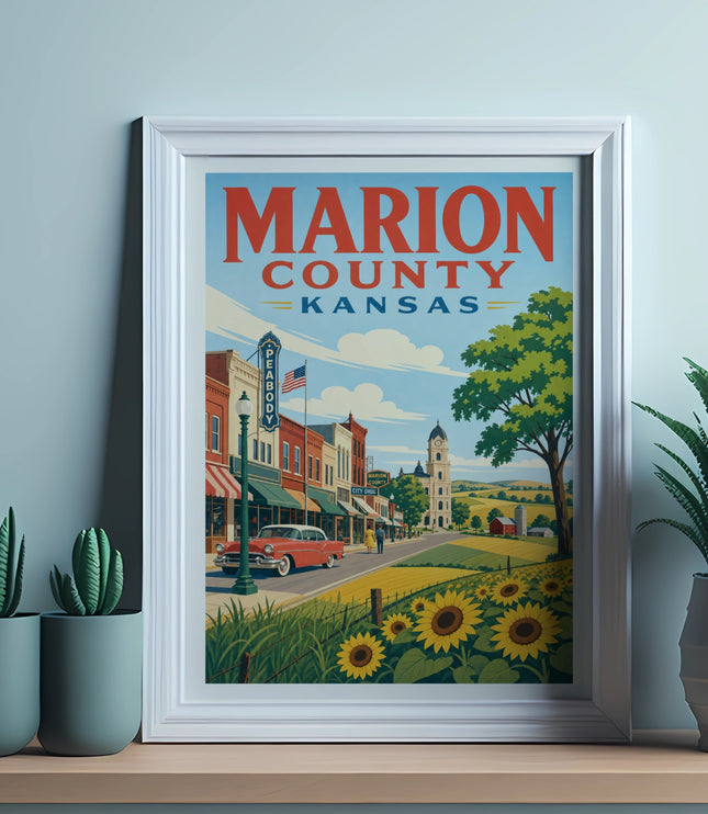 Marion County Kansas postcard with vintage car and sunflowers.