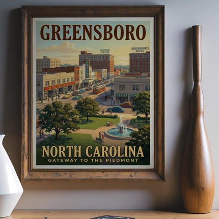 Greensboro, North Carolina vintage travel poster featuring a stylized city scene with buildings and a fountain, framed.