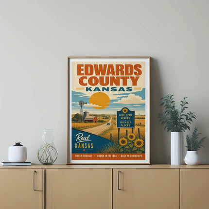 Edwards County Kansas vintage travel poster with farm scene and sunflowers.